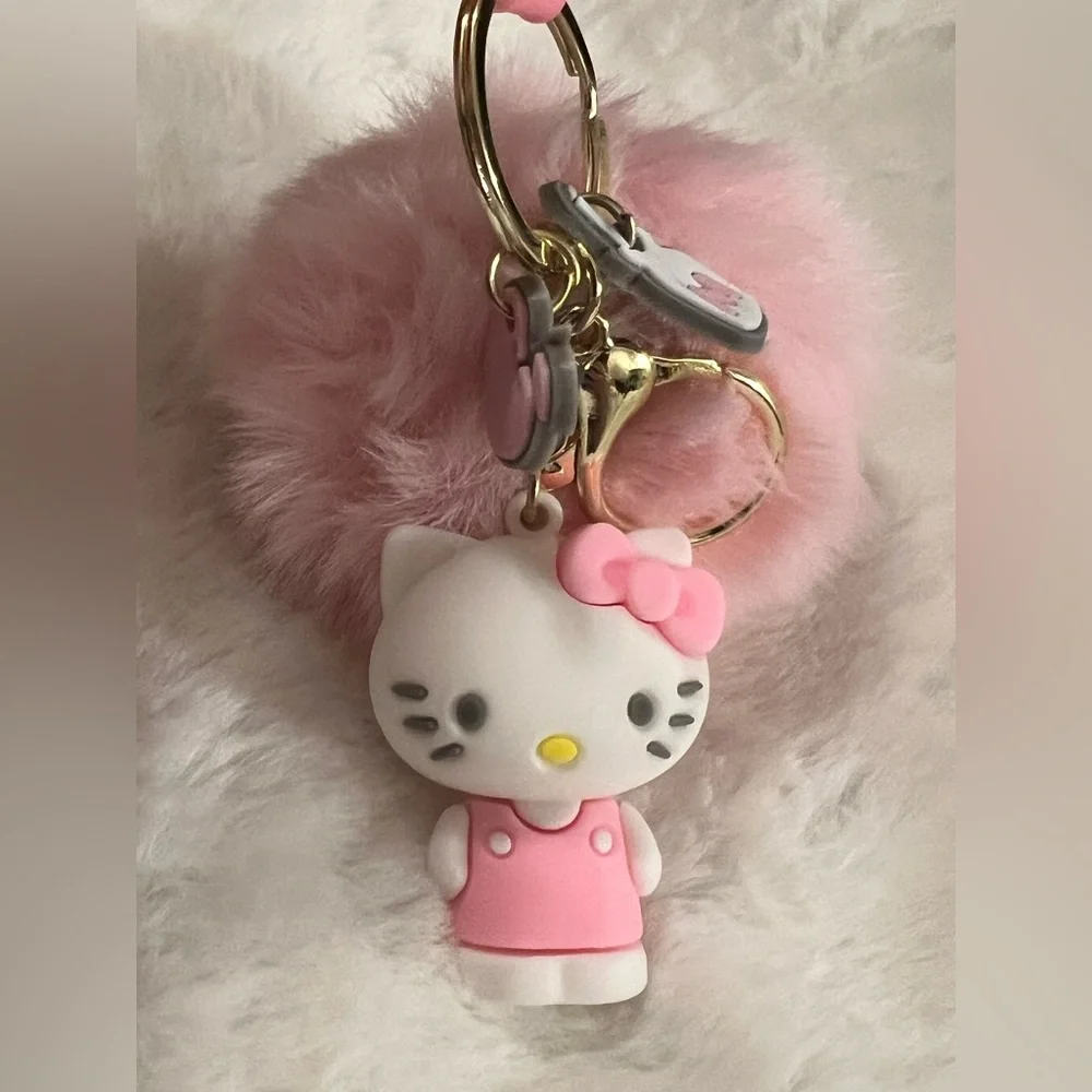 Sanrio Hello Kitty Pink Faux Fur Pom-Pom Silicone Charm Keychain
